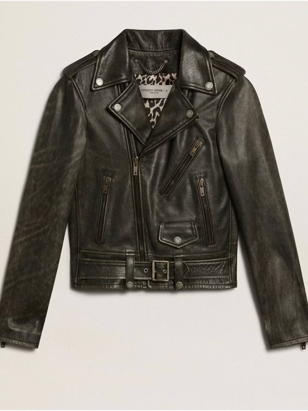 Golden Goose Black Leather Moto Jacket with Belted Waist